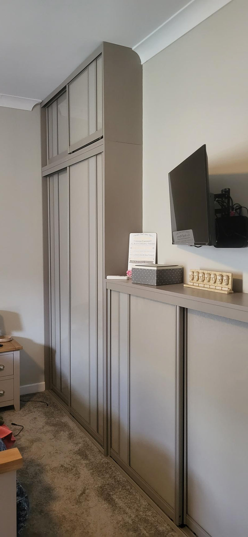Stone Grey Origin Aluminium Frame wardrobe with Split Panel sliding wardrobe Doors In Stone Grey Glass and Pebble Board.