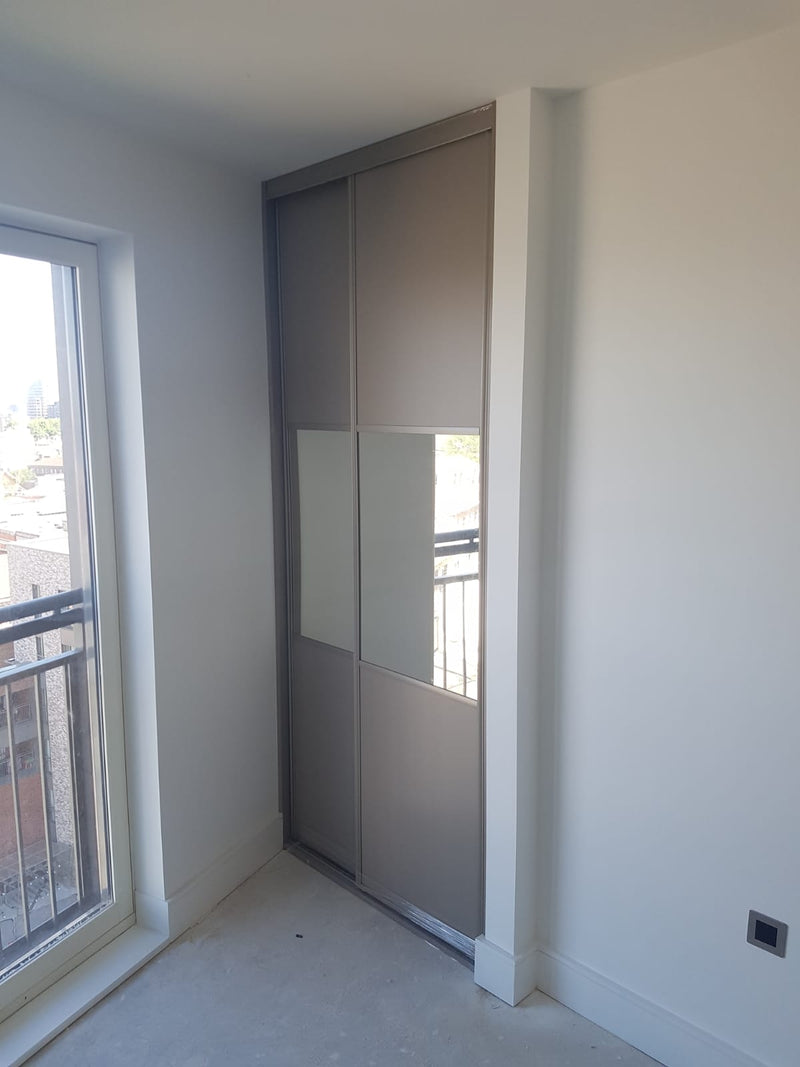 Origin Signature wardrobe Frame with 2 x Split Panel sliding wardrobe Doors in Stone Grey and Silver Mirror