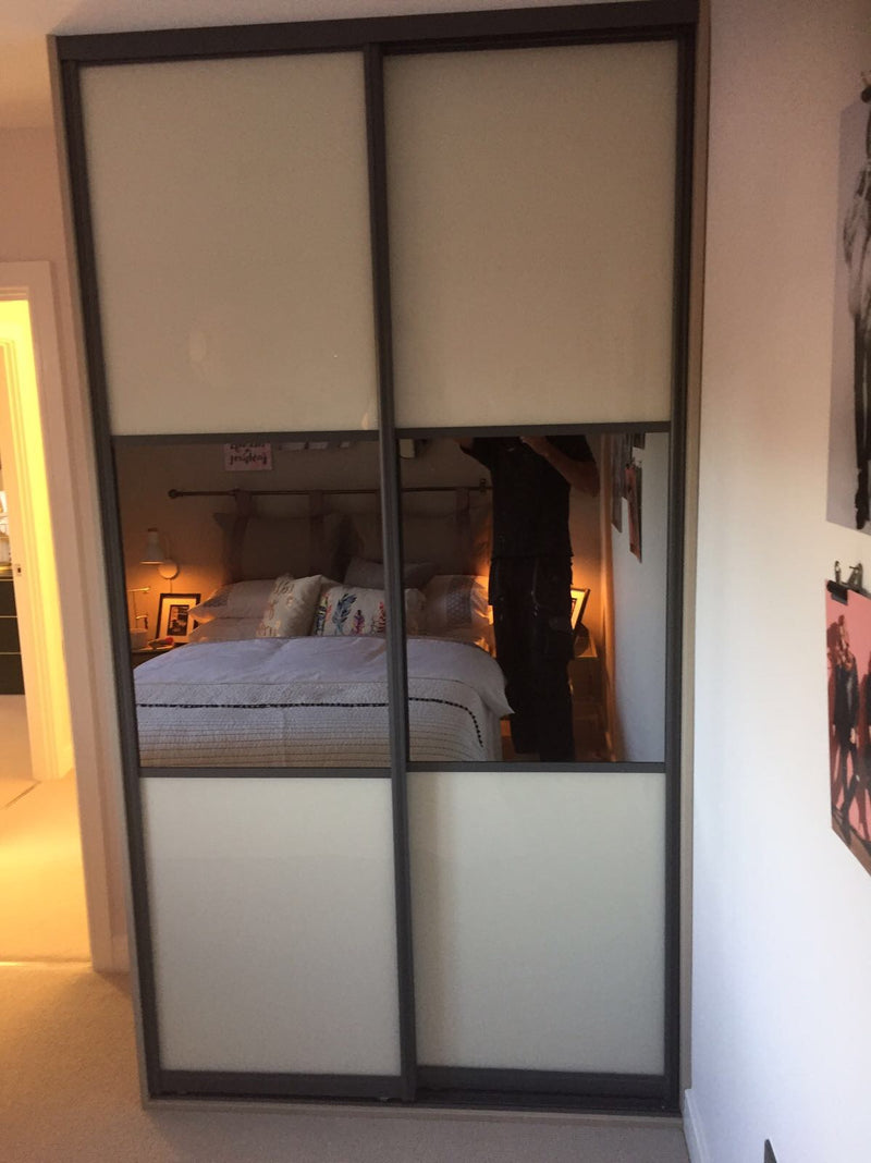 Origin Aurora Graphite Frame with Soft White and Mirror Split Panels sliding wardrobe kit