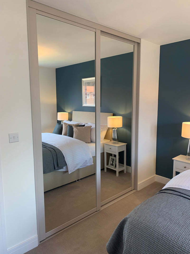 Define Stone Grey wardrobe Frames with Silver Mirror sliding wardrobe panel doors