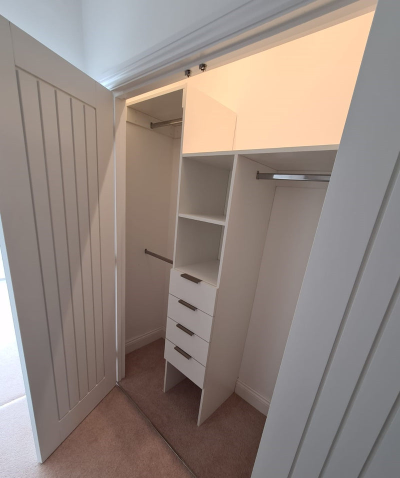 Custom White Axis wardrobe Interior with 4 Drawers with an Additional Top left Shelf
