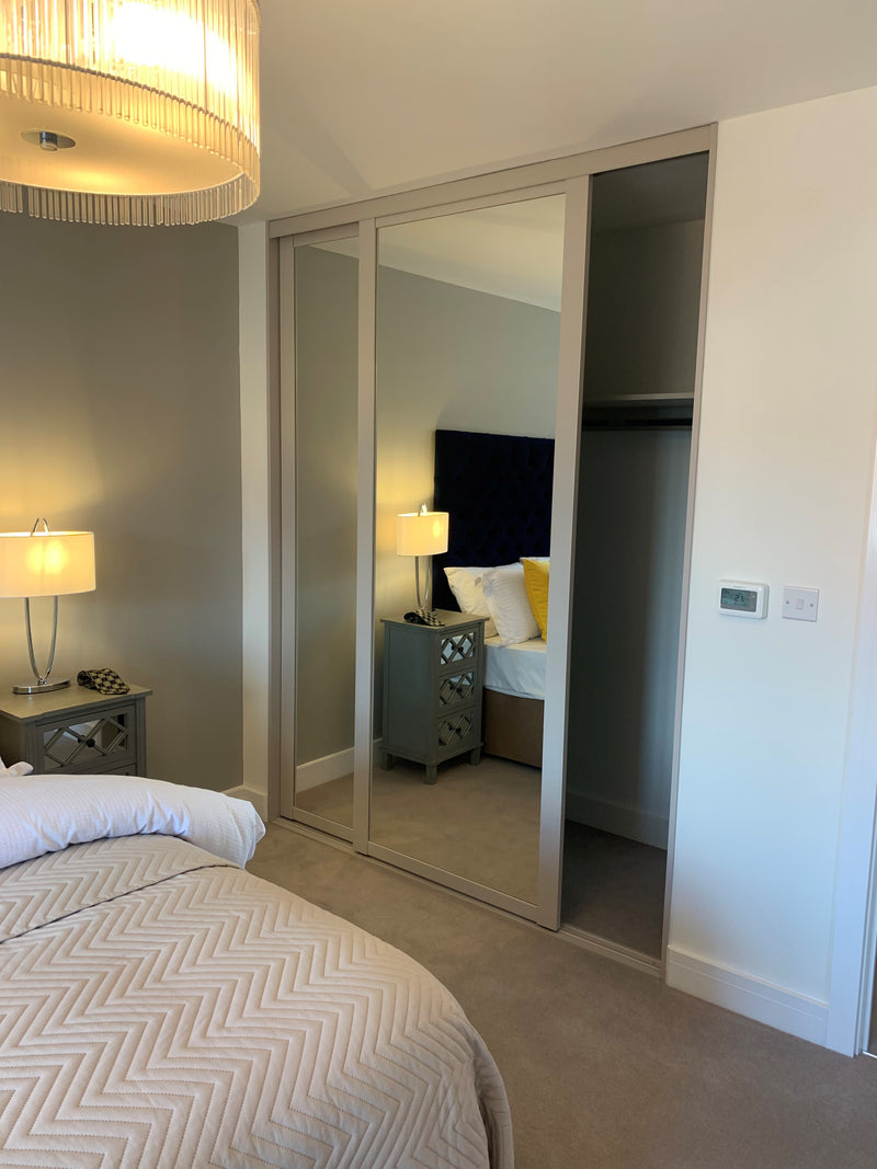Define Stone Grey wardrobe Frames with Silver Mirror sliding wardrobe Doors